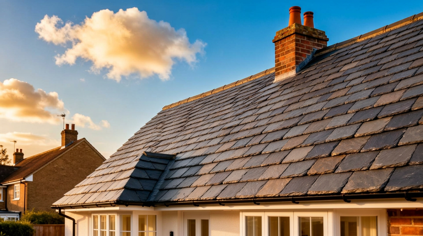 Newly completed slate roof at golden hour